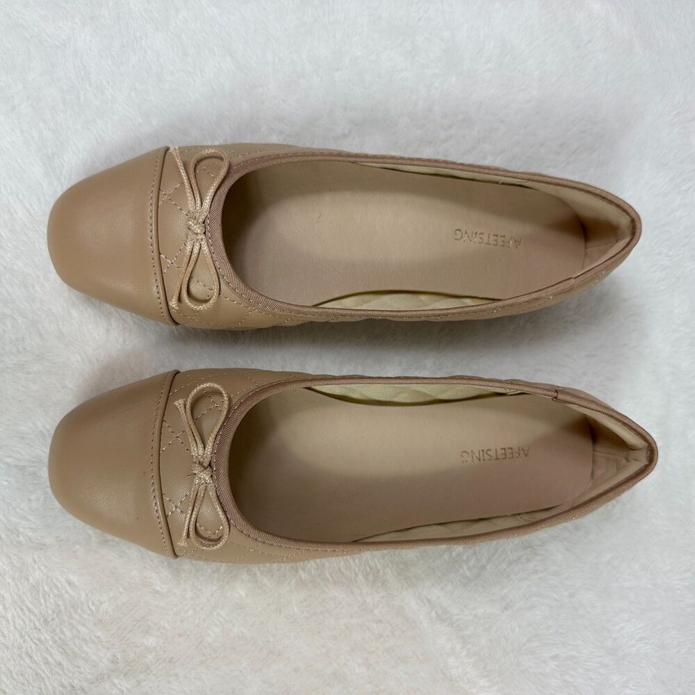 AFEETSING Womens Quilted Ballet Flats Size 6.5 Nude Beige Bow Cap Toe Slip On